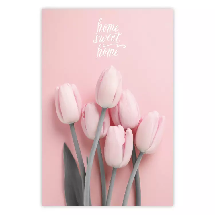 Sechs Tulpen - Rosa Blumen und Beschriftungen auf Pastell