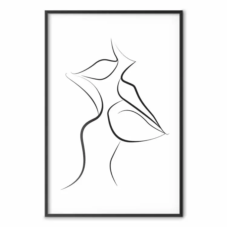 Erster Kuss - Schwarz-weißer Line-Art von Lippen in abstrakter Form