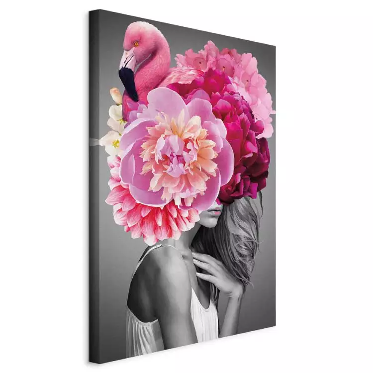 Flamingo-Girl (1-teilig) Hochformat - Frau mit Vogel und Pfingstrose