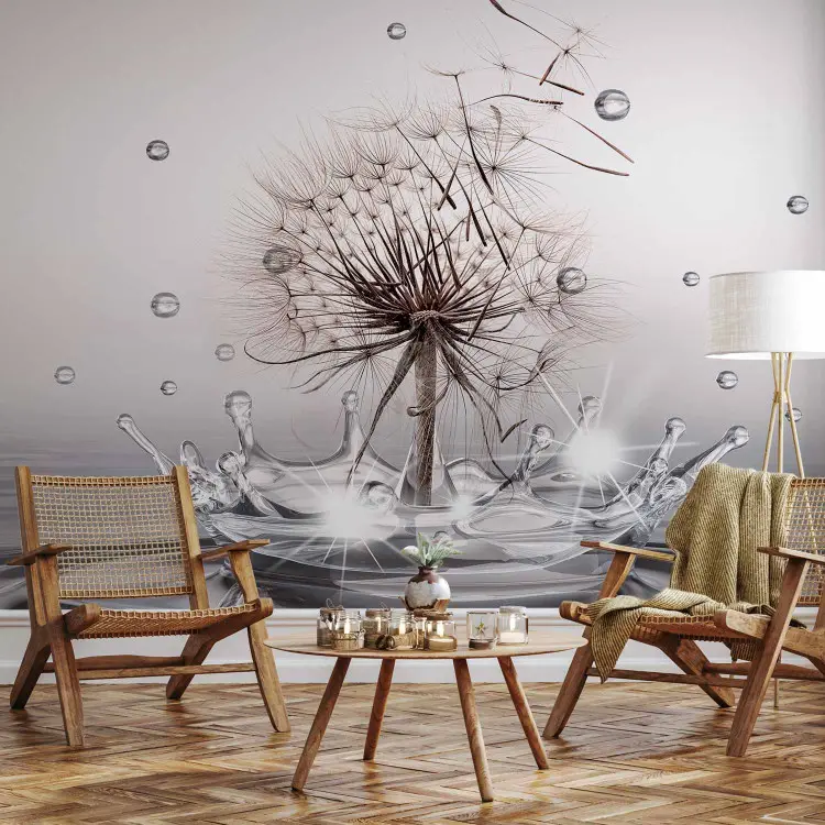 Windtropfen - Pusteblume über Wasser auf grauem Hintergrund
