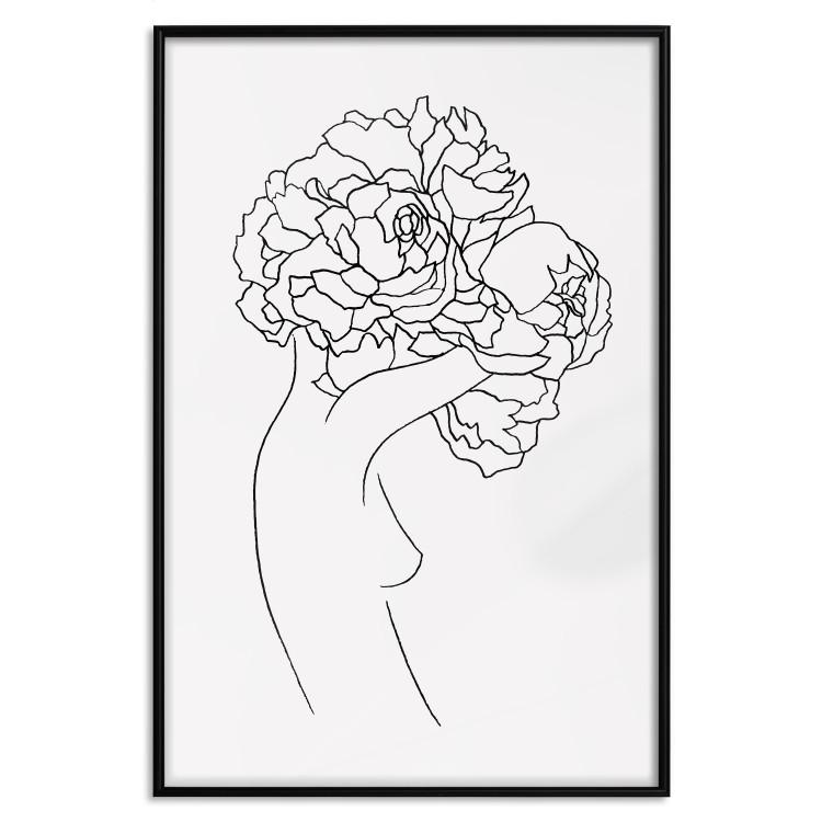 Gärtnerin - Abstrakte Linienzeichnung einer Frau mit Blumen im Haar