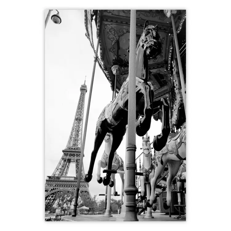 Wirbelndes Paris - Graues Karussell mit Pferd vor Eiffelturm
