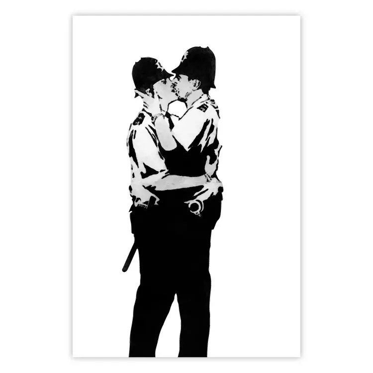 Küssende Kupfer - Zwei sich küssende schwarze Figuren im Banksy-Stil