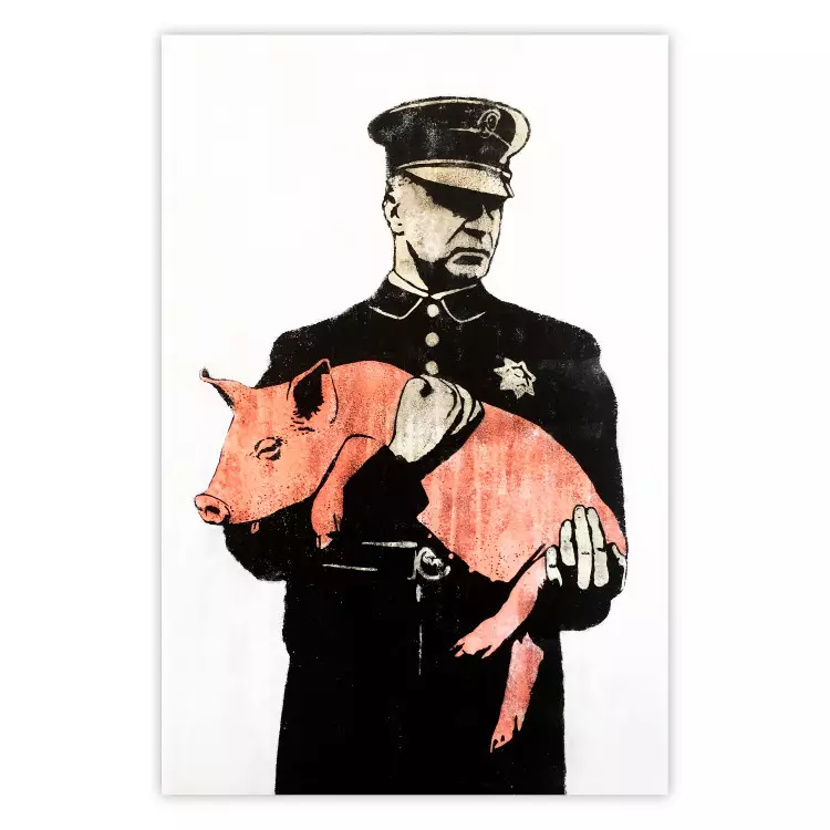 Polizeischwein - Polizist hält schlafendes rosa Schwein