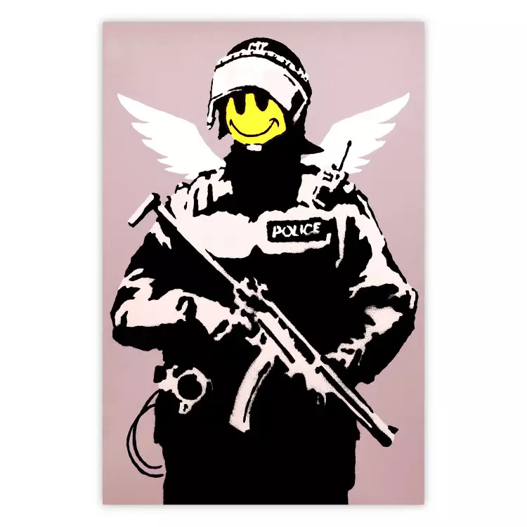 Polizist - Mann mit gelbem Gesicht und Flügeln im Banksy-Stil