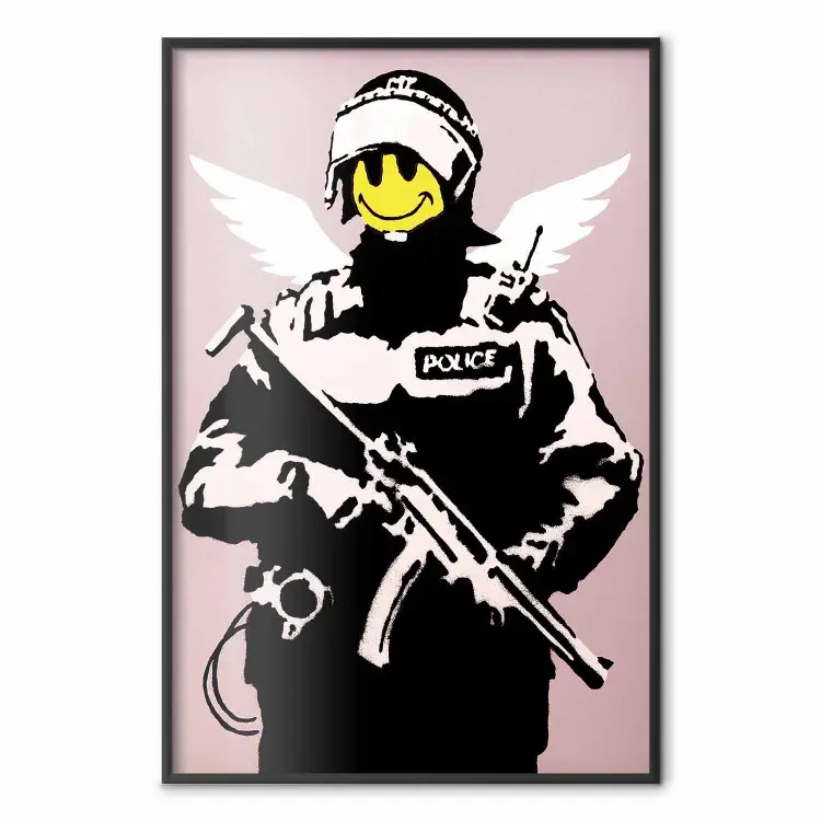 Polizist - Mann mit gelbem Gesicht und Flügeln im Banksy-Stil