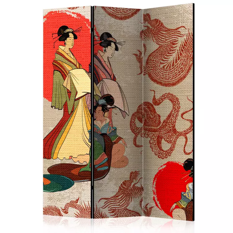 Geishas (3-teilig) - Frauen in Kimonos auf orientalischer Komposition