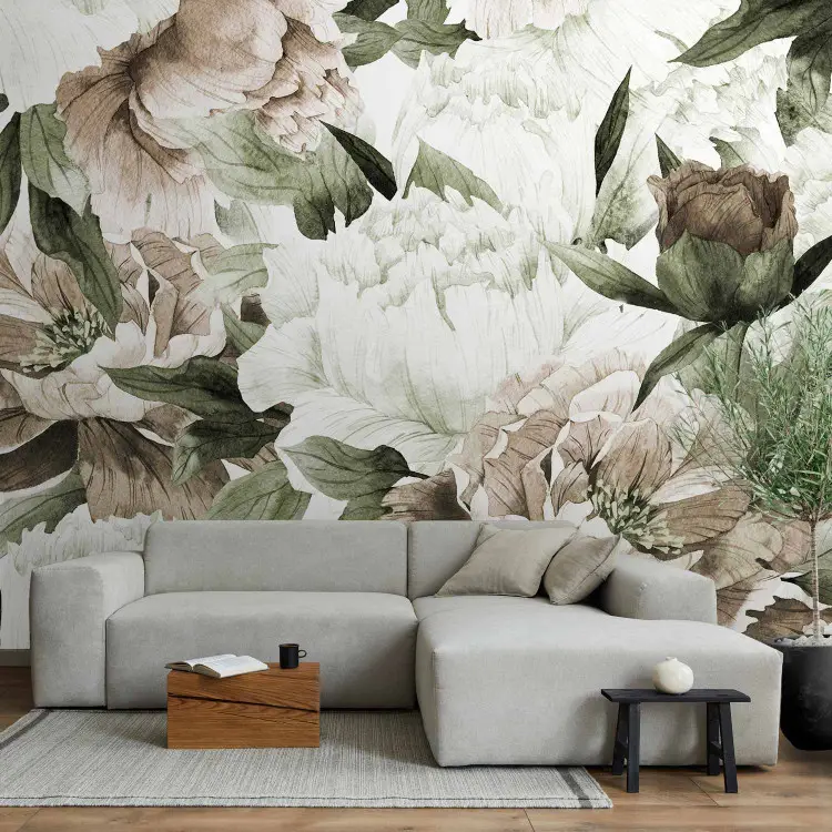 Blühende Blumen - Komposition mit Päonien und Blättern im Retro-Stil