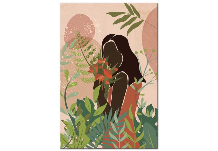 Frau im Grünen - Farbenfrohe Pflanzen vor rosa Hintergrund, Vertikal
