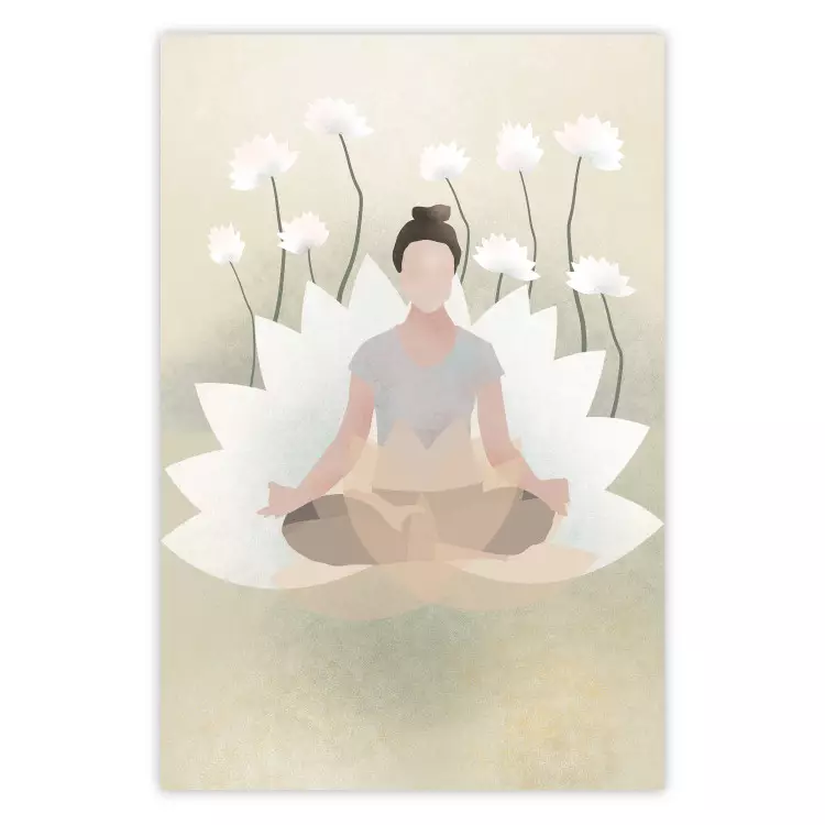 Liebesyoga - Meditierende Frau vor weißen Blumen im Zen-Stil