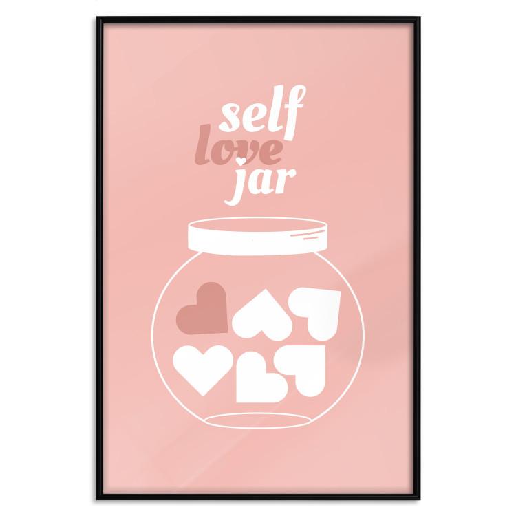 Selbstliebe-Glas - Glas mit Herzen und Beschriftungen auf rosa