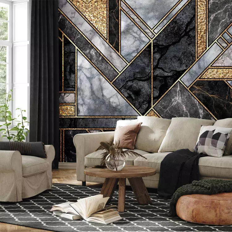 Geometrisches Art-Deco - Grauer und schwarzer Marmor mit Mustern gold