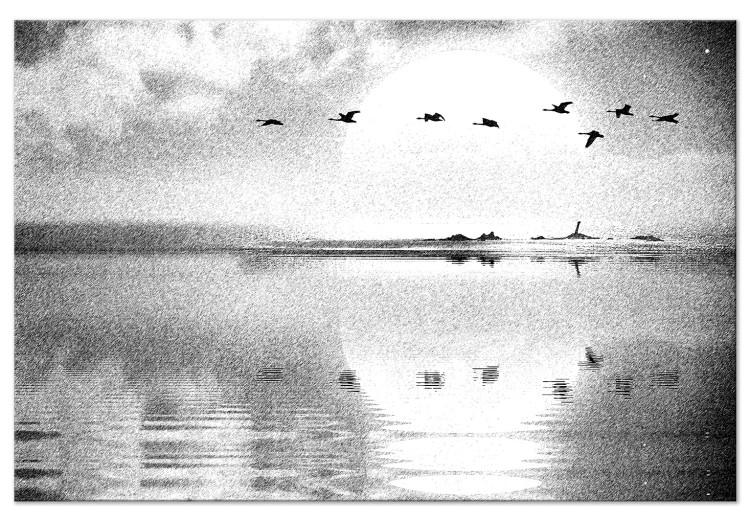 Vogelzug über dem See (1-teilig) Breit - Schwarz-weiße Landschaft