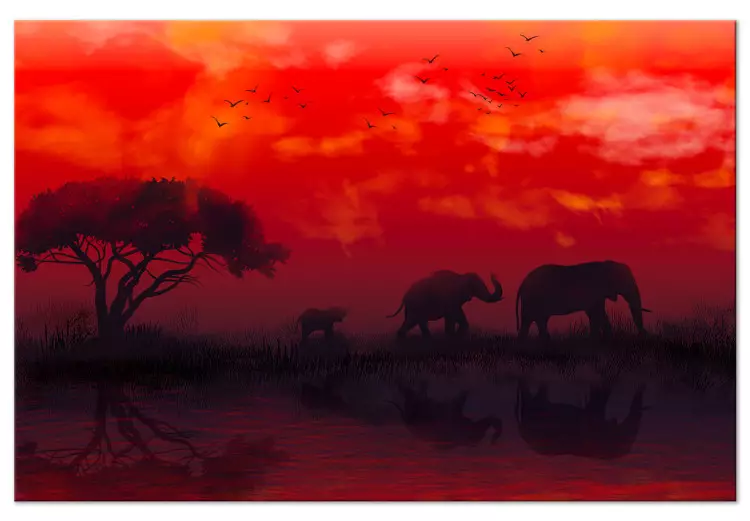 Afrikanische Landschaft (1-teilig) Breit - Elefanten und roter Himmel
