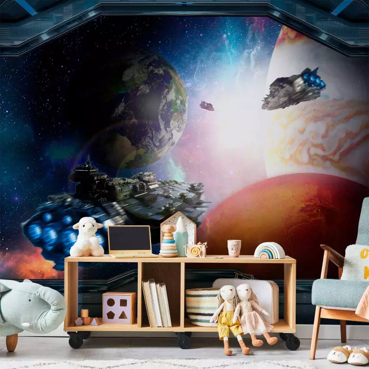Landschaft für Kinder - Weltraum mit Blick auf Planeten aus einem Raumschiff