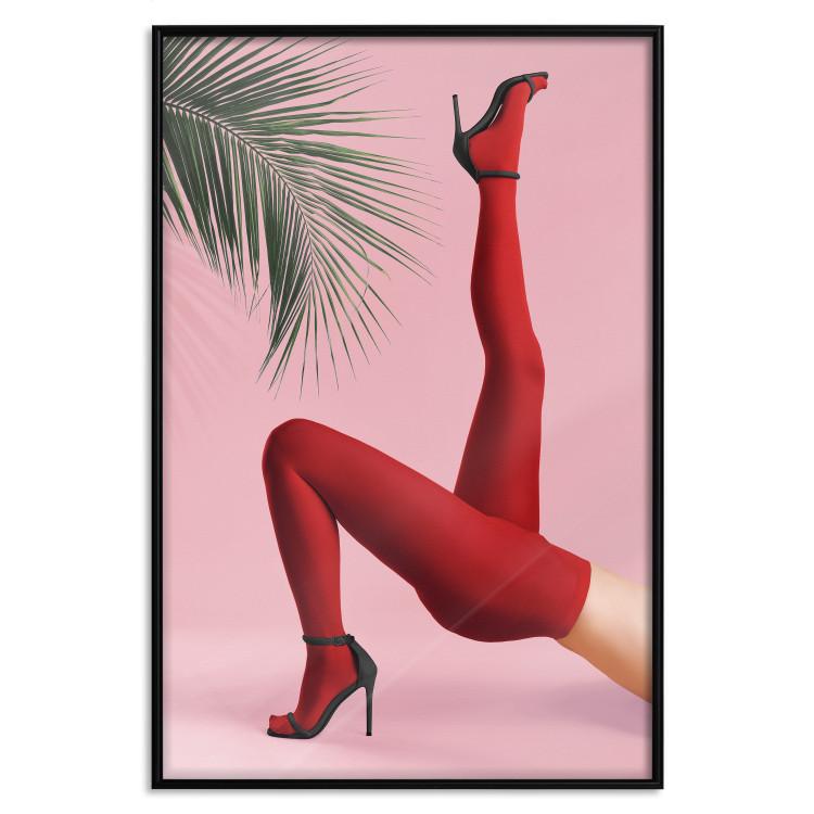 Red Tights - Woman Legs, High Heels and Palm Leaf on a Pink Background