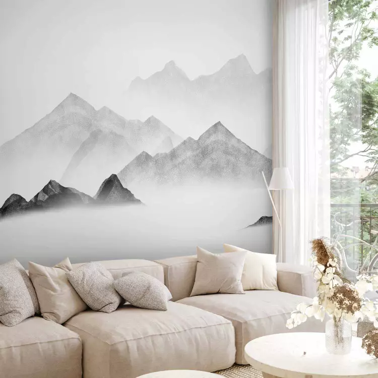 Berge im Nebel - Aquarelllandschaft mit grauen Berggipfeln