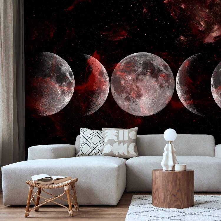 Silver Globes - The Phases of the Moon Against the Background of Stars and the Red Cosmos