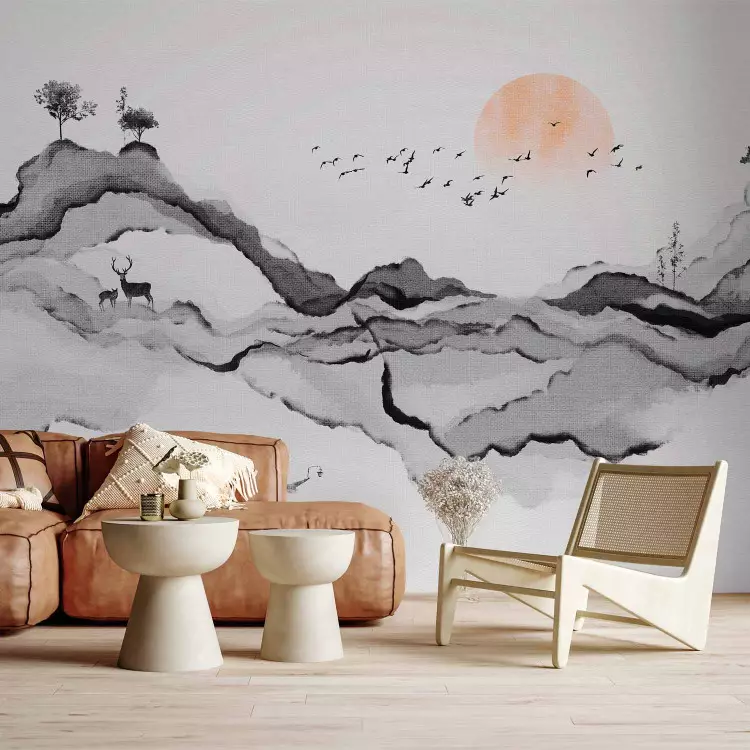 Aquarell graue Berge - abstrakte Naturlandschaft im japanischen Stil