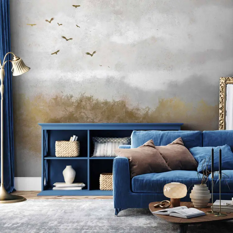 Boho-Landschaft - zarte Grafikmit hellem Himmel und Vögeln