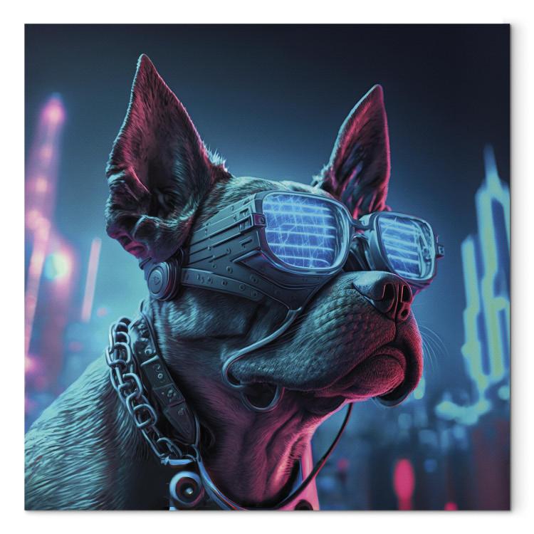 AI Dog Boston Terrier - Blue Animal in Glowing Glasses on City Neon Background - Square
