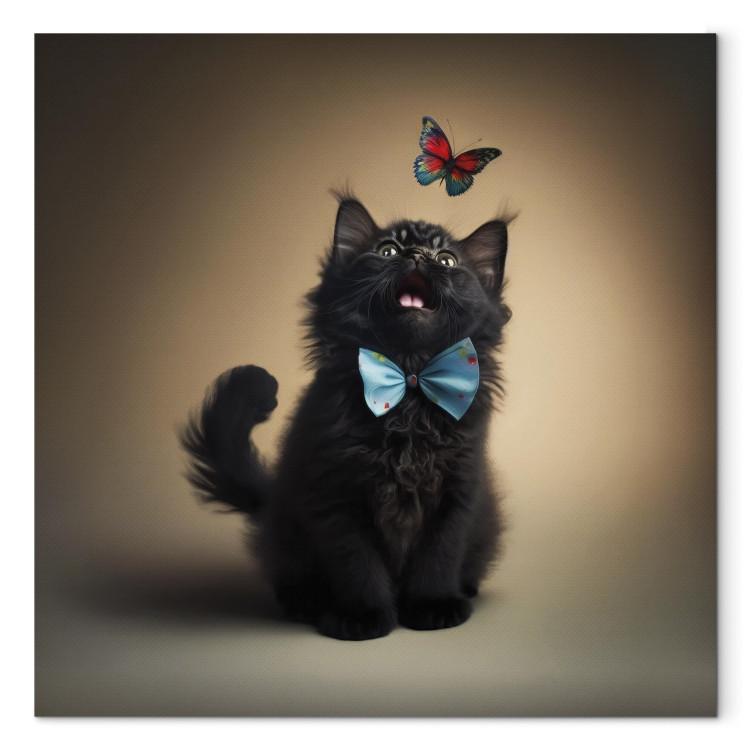 AI Cat - Animal in a Bow Tie Watching a Colorful Butterfly - Square