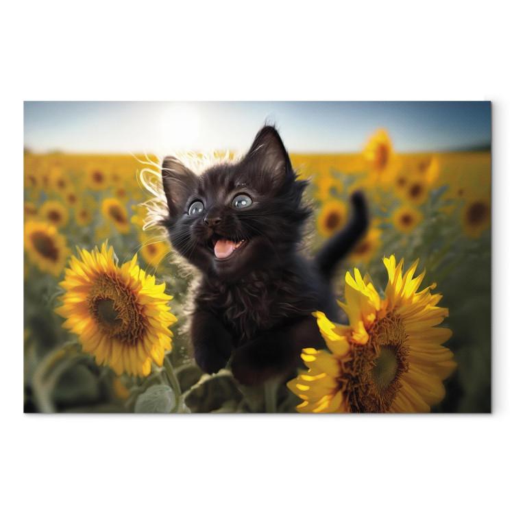 AI Cat - Black Animal Dancing in a Field of Sunflowers in a Sunny Glow - Horizontal