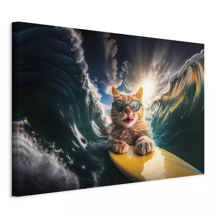 AI Katze - rothaariges Haustier beim Surfen auf rauer See, horizontal