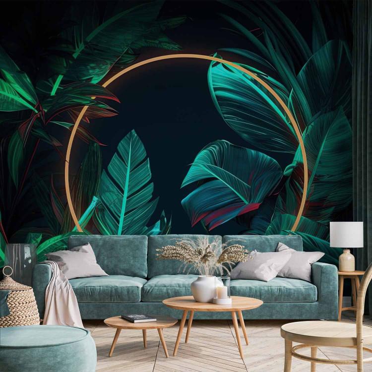 Jungle Light - Tropical Leaves With Neon Golden Circle