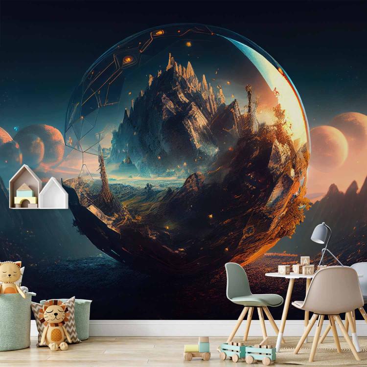 A Magical Valley - A Mountain Landscape in a Glass Ball With Planets in the Background