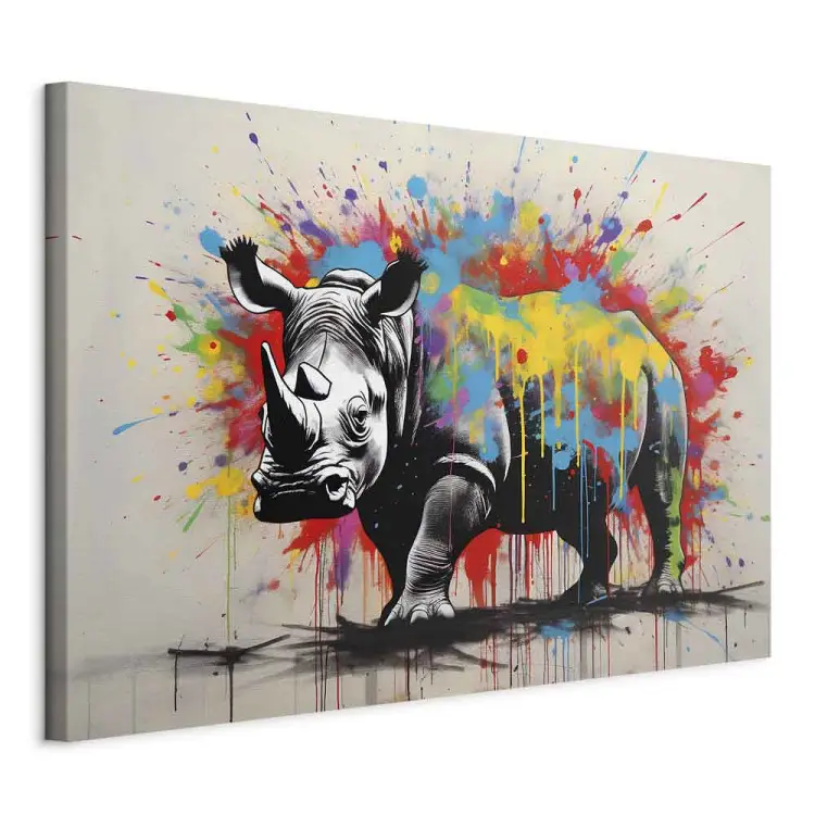 Buntes Nashorn - Wandbild mit Tier im Banksy-Stil