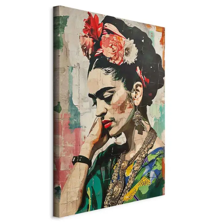Frida Kahlo - farbenfrohes Porträt einer Frau auf einer rissigen Wand