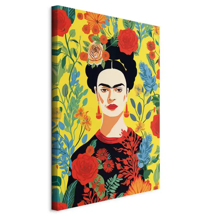 Frida Kahlo - Porträt mit gelbem Blumenhintergrund