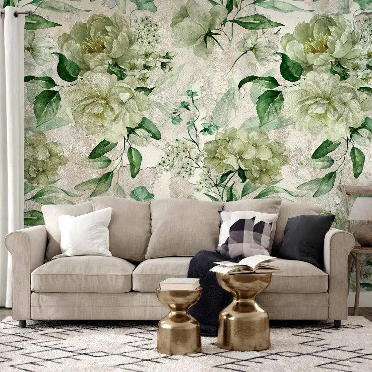 Pflanzen-Retro II - weiße Blumen mit grünen Zweigen auf grauem Hintergrund