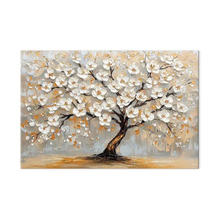 Blühende Kirsche - Baum mit weißen Blüten und goldenen Blättern