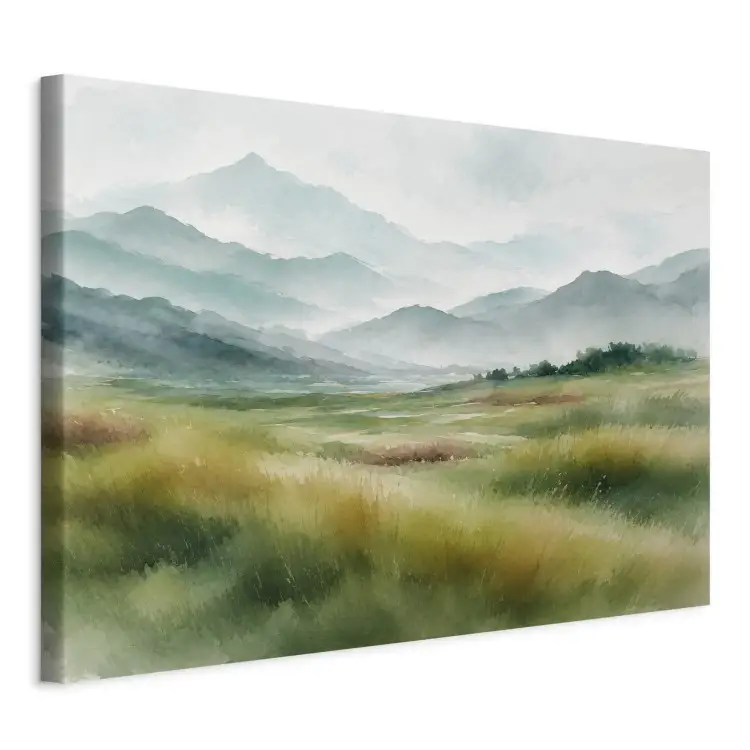 Watercolor mountains - a misty landscape with a vast green meadow