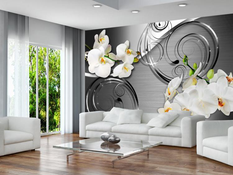 Fototapete Erwartung - weiße Orchideen Ornamente silberner Hintergrund