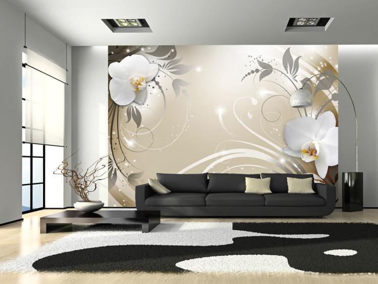 Fototapete Blumenabstraktion - weiße Orchideen mit silbernen Ornamenten