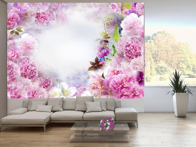 Fototapete Duft der Nelken - Abstraktes Blumenmotiv mit Schriftzügen und Wolken