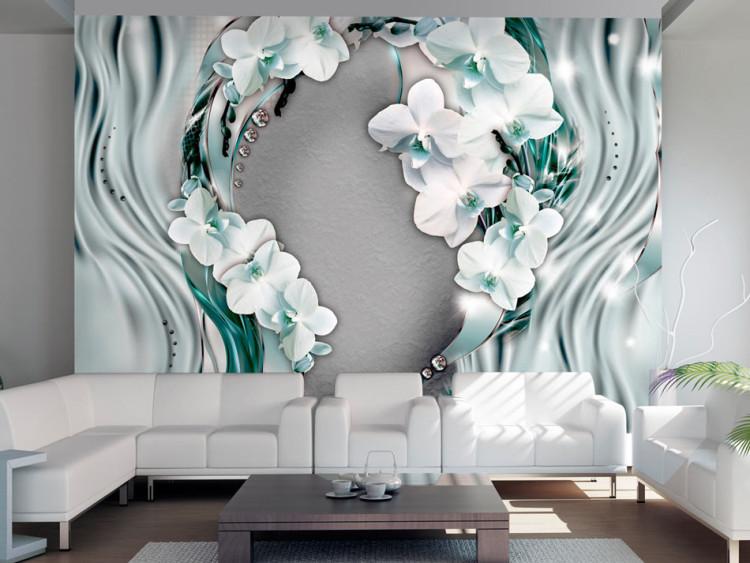 Fototapete Abstraktion - Orchideenblumen mit Perlen auf blauen Hintergrundtönen