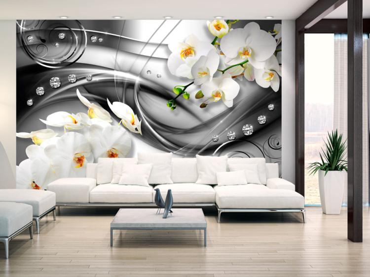 Fototapete Orchidee auf silbernem Hintergrund - Abstrakt mit Blumen und Diamanten