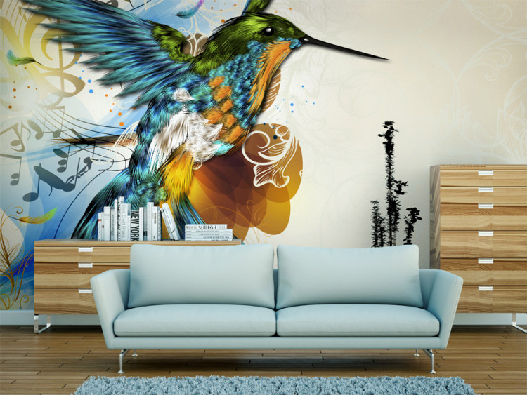 Fototapete Kolibri in bunten Farben - Fantasie mit Noten mit Muster 61320