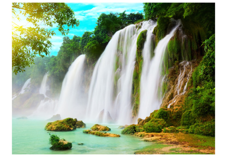 Vlies Fototapete Schönheit der Natur - Wasserfälle die in einen steinigen See fließen 60040 additionalImage 1