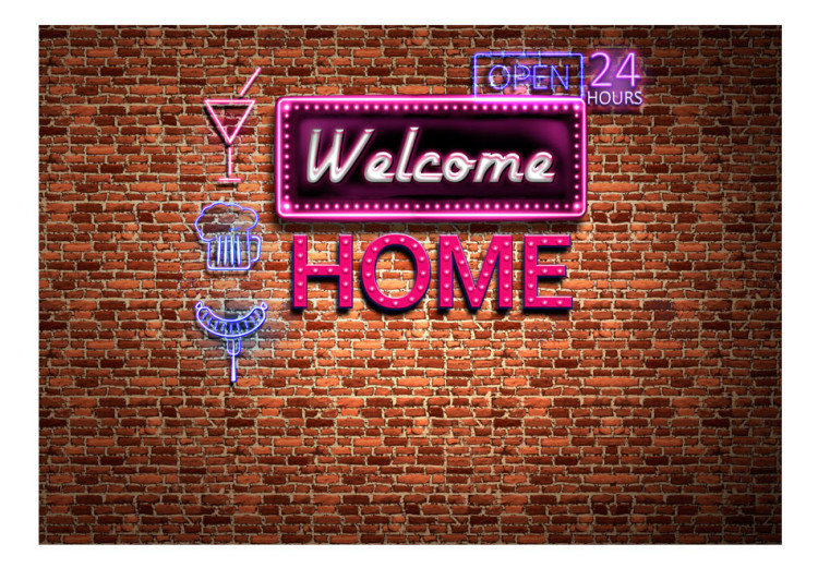 Vlies Fototapete Welcome home - Neonartiger Schriftzug mit Icons in Rosa 60890 additionalImage 1