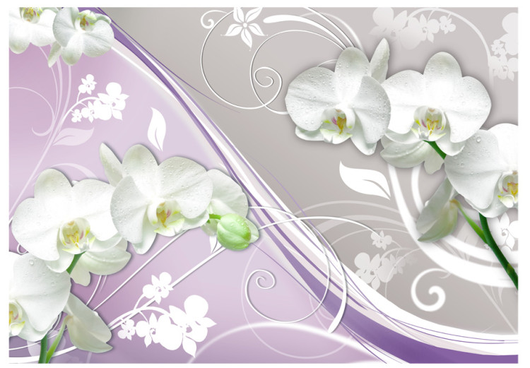 Fototapete Weiße Orchideen - Blumen auf grauem Hintergrund mit lila Elementen 60311 additionalImage 1