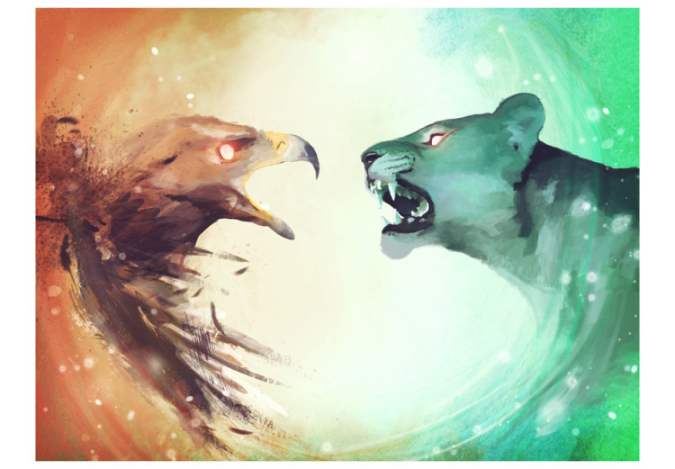 Vliestapete Tierduell - Abstraktion eines wilden Adlers und einer blauen Löwin 61311 additionalImage 1