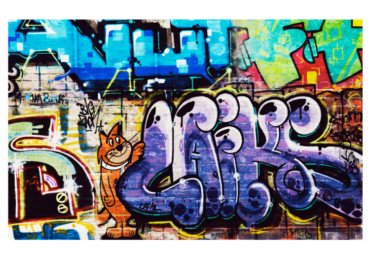 Vlies Fototapete Graffiti-Wand - Street-Art-Stil mit rotem Kater und Schriftzügen 60612 additionalImage 1