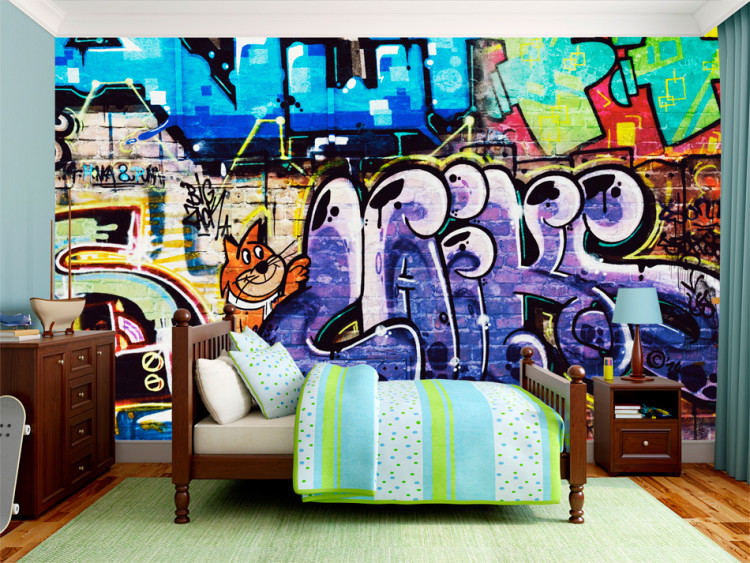 Vlies Fototapete Graffiti-Wand - Street-Art-Stil mit rotem Kater und Schriftzügen 60612
