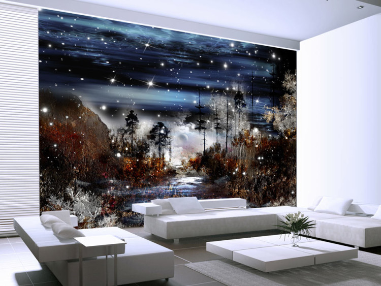 Vlies Fototapete Nacht im Wald - nächtliche Landschaft mit sternenklarem Himmel 59732