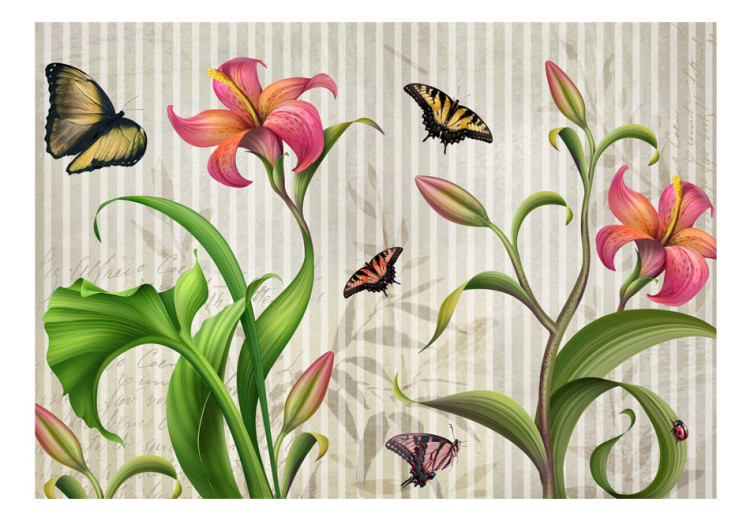 Fototapete Vintage - Wiese und bunte Natur mit Blumen und Schmetterlingen 60732 additionalImage 1